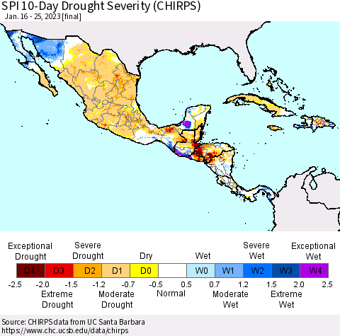 Mexico Central America and the Caribbean SPI 10-Day Drought Severity (CHIRPS) Thematic Map For 1/16/2023 - 1/25/2023