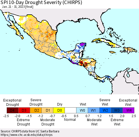 Mexico Central America and the Caribbean SPI 10-Day Drought Severity (CHIRPS) Thematic Map For 1/21/2023 - 1/31/2023