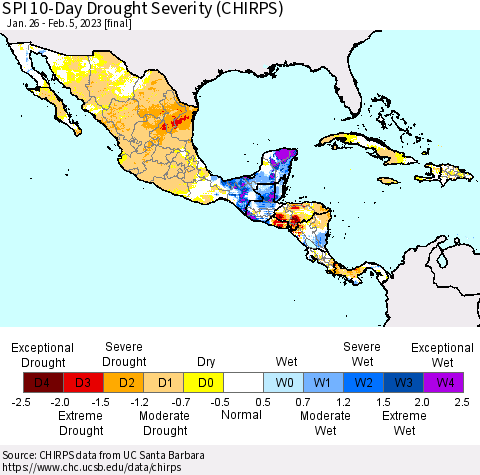 Mexico Central America and the Caribbean SPI 10-Day Drought Severity (CHIRPS) Thematic Map For 1/26/2023 - 2/5/2023