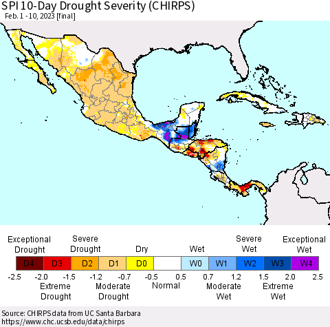 Mexico Central America and the Caribbean SPI 10-Day Drought Severity (CHIRPS) Thematic Map For 2/1/2023 - 2/10/2023