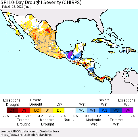 Mexico Central America and the Caribbean SPI 10-Day Drought Severity (CHIRPS) Thematic Map For 2/6/2023 - 2/15/2023