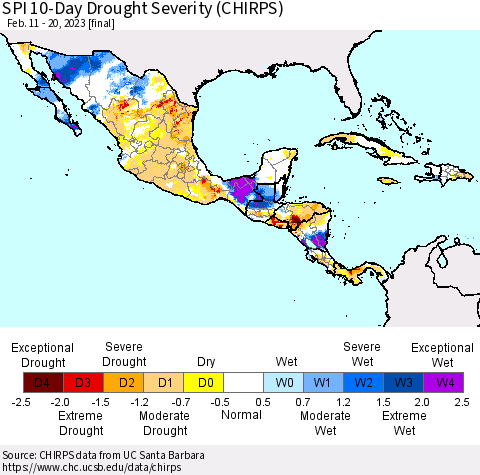 Mexico Central America and the Caribbean SPI 10-Day Drought Severity (CHIRPS) Thematic Map For 2/11/2023 - 2/20/2023