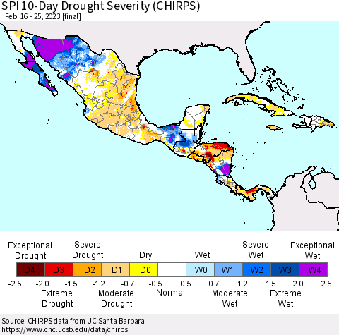 Mexico Central America and the Caribbean SPI 10-Day Drought Severity (CHIRPS) Thematic Map For 2/16/2023 - 2/25/2023