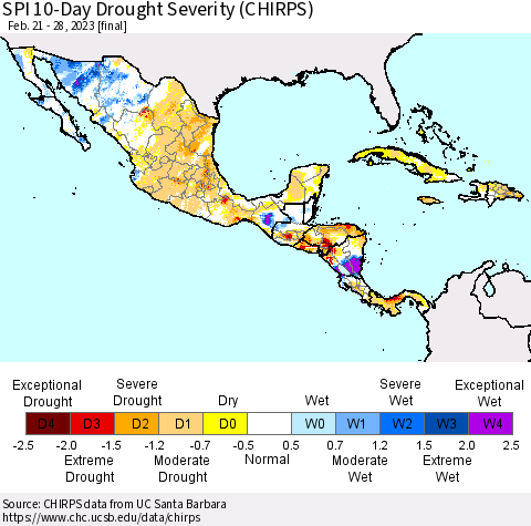 Mexico Central America and the Caribbean SPI 10-Day Drought Severity (CHIRPS) Thematic Map For 2/21/2023 - 2/28/2023