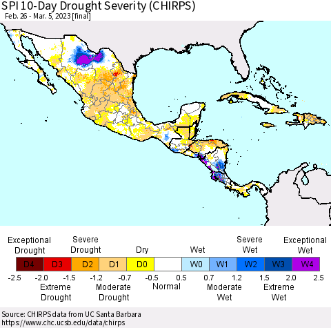 Mexico Central America and the Caribbean SPI 10-Day Drought Severity (CHIRPS) Thematic Map For 2/26/2023 - 3/5/2023