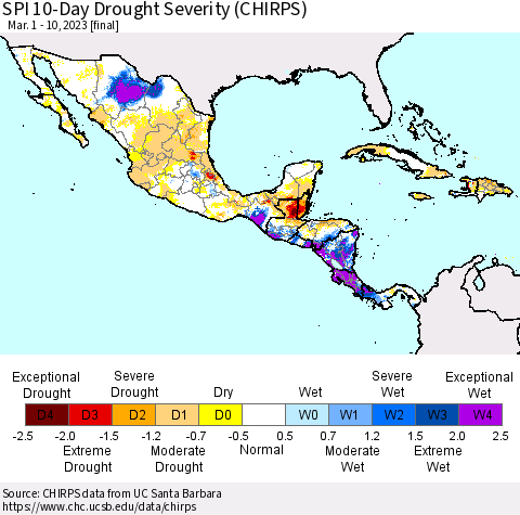 Mexico Central America and the Caribbean SPI 10-Day Drought Severity (CHIRPS) Thematic Map For 3/1/2023 - 3/10/2023