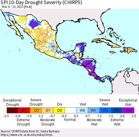 Mexico Central America and the Caribbean SPI 10-Day Drought Severity (CHIRPS) Thematic Map For 3/6/2023 - 3/15/2023