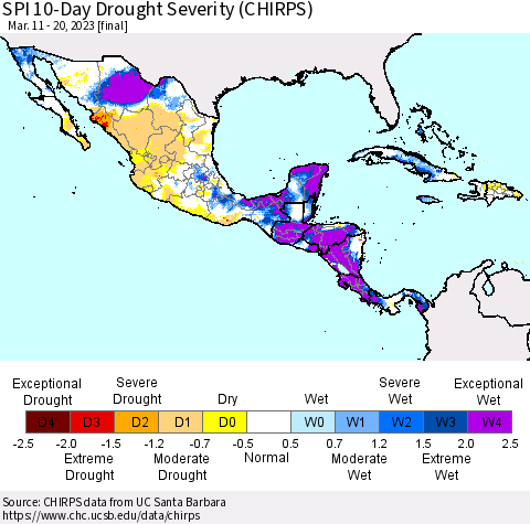 Mexico Central America and the Caribbean SPI 10-Day Drought Severity (CHIRPS) Thematic Map For 3/11/2023 - 3/20/2023