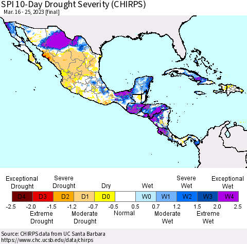 Mexico Central America and the Caribbean SPI 10-Day Drought Severity (CHIRPS) Thematic Map For 3/16/2023 - 3/25/2023