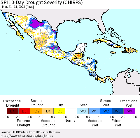 Mexico Central America and the Caribbean SPI 10-Day Drought Severity (CHIRPS) Thematic Map For 3/21/2023 - 3/31/2023