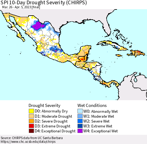 Mexico Central America and the Caribbean SPI 10-Day Drought Severity (CHIRPS) Thematic Map For 3/26/2023 - 4/5/2023
