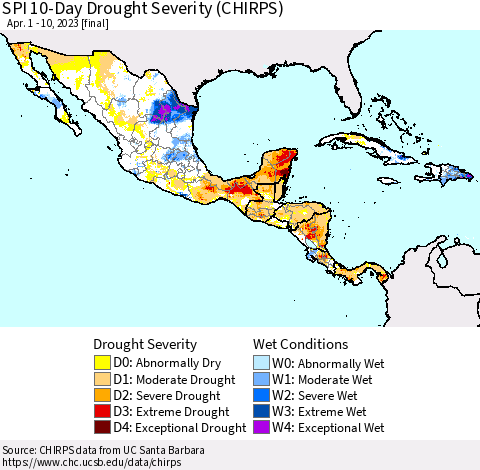 Mexico Central America and the Caribbean SPI 10-Day Drought Severity (CHIRPS) Thematic Map For 4/1/2023 - 4/10/2023