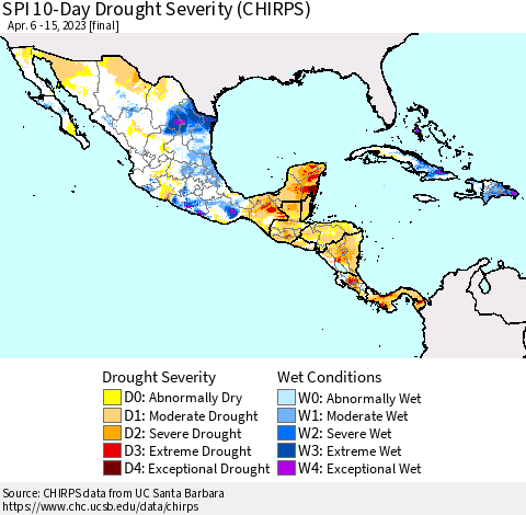 Mexico Central America and the Caribbean SPI 10-Day Drought Severity (CHIRPS) Thematic Map For 4/6/2023 - 4/15/2023