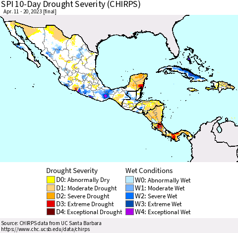 Mexico Central America and the Caribbean SPI 10-Day Drought Severity (CHIRPS) Thematic Map For 4/11/2023 - 4/20/2023