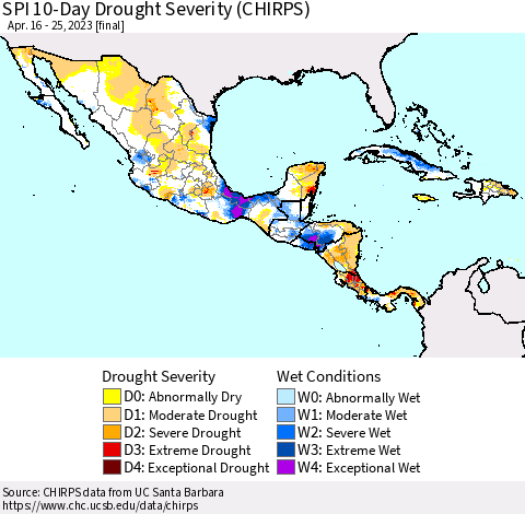 Mexico Central America and the Caribbean SPI 10-Day Drought Severity (CHIRPS) Thematic Map For 4/16/2023 - 4/25/2023