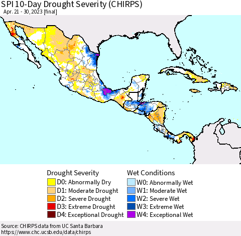 Mexico Central America and the Caribbean SPI 10-Day Drought Severity (CHIRPS) Thematic Map For 4/21/2023 - 4/30/2023