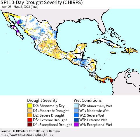 Mexico Central America and the Caribbean SPI 10-Day Drought Severity (CHIRPS) Thematic Map For 4/26/2023 - 5/5/2023