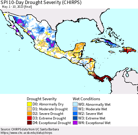 Mexico Central America and the Caribbean SPI 10-Day Drought Severity (CHIRPS) Thematic Map For 5/1/2023 - 5/10/2023