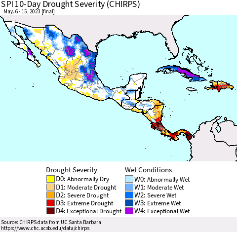 Mexico Central America and the Caribbean SPI 10-Day Drought Severity (CHIRPS) Thematic Map For 5/6/2023 - 5/15/2023