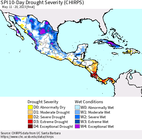 Mexico Central America and the Caribbean SPI 10-Day Drought Severity (CHIRPS) Thematic Map For 5/11/2023 - 5/20/2023