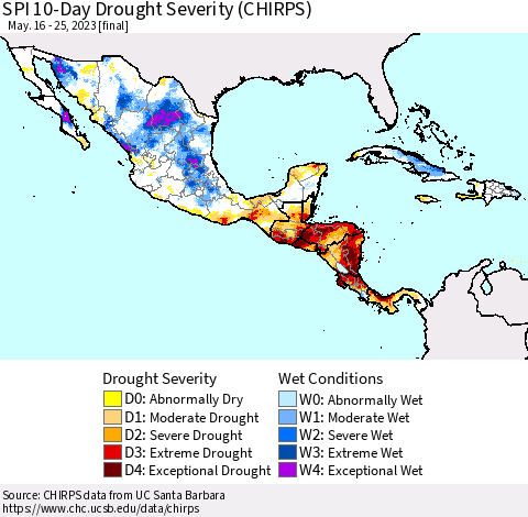 Mexico Central America and the Caribbean SPI 10-Day Drought Severity (CHIRPS) Thematic Map For 5/16/2023 - 5/25/2023