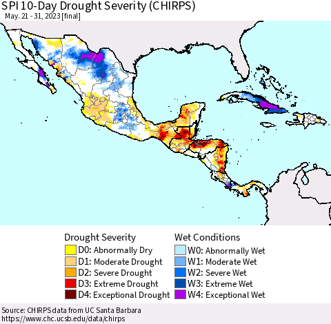 Mexico Central America and the Caribbean SPI 10-Day Drought Severity (CHIRPS) Thematic Map For 5/21/2023 - 5/31/2023