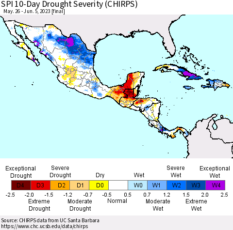 Mexico Central America and the Caribbean SPI 10-Day Drought Severity (CHIRPS) Thematic Map For 5/26/2023 - 6/5/2023