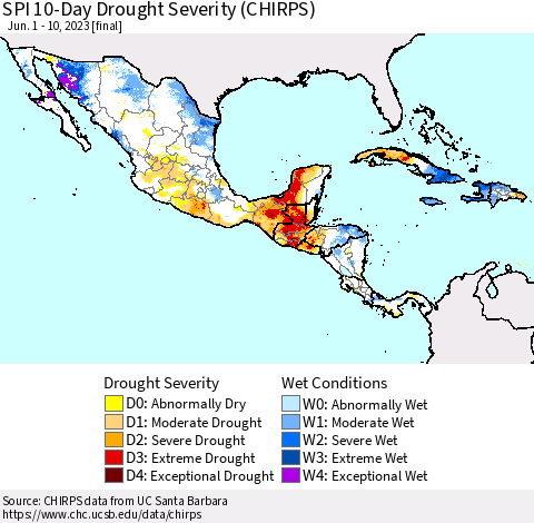 Mexico Central America and the Caribbean SPI 10-Day Drought Severity (CHIRPS) Thematic Map For 6/1/2023 - 6/10/2023