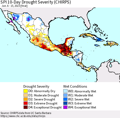Mexico Central America and the Caribbean SPI 10-Day Drought Severity (CHIRPS) Thematic Map For 6/6/2023 - 6/15/2023