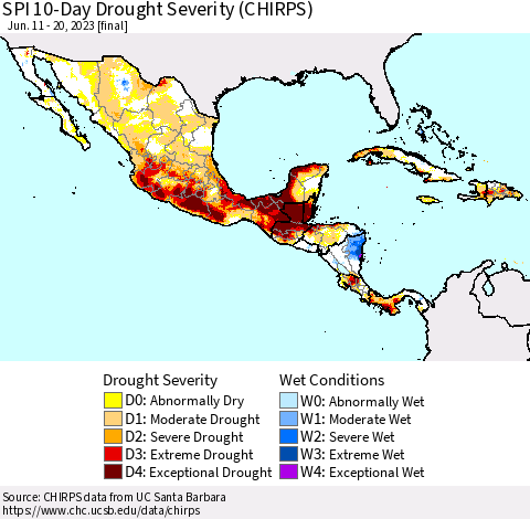 Mexico Central America and the Caribbean SPI 10-Day Drought Severity (CHIRPS) Thematic Map For 6/11/2023 - 6/20/2023