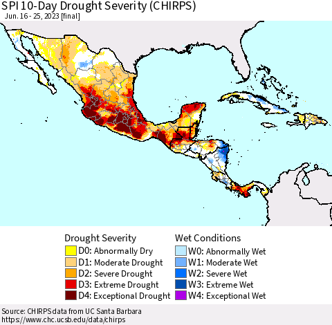 Mexico Central America and the Caribbean SPI 10-Day Drought Severity (CHIRPS) Thematic Map For 6/16/2023 - 6/25/2023