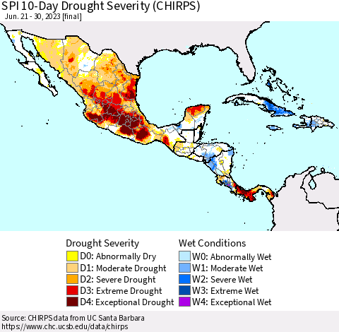 Mexico Central America and the Caribbean SPI 10-Day Drought Severity (CHIRPS) Thematic Map For 6/21/2023 - 6/30/2023