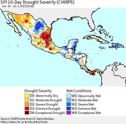 Mexico Central America and the Caribbean SPI 10-Day Drought Severity (CHIRPS) Thematic Map For 6/26/2023 - 7/5/2023