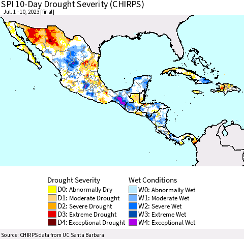 Mexico Central America and the Caribbean SPI 10-Day Drought Severity (CHIRPS) Thematic Map For 7/1/2023 - 7/10/2023
