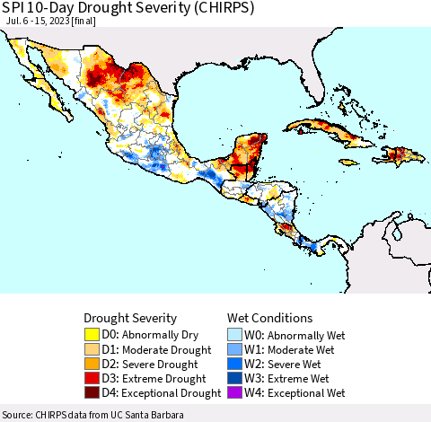 Mexico Central America and the Caribbean SPI 10-Day Drought Severity (CHIRPS) Thematic Map For 7/6/2023 - 7/15/2023