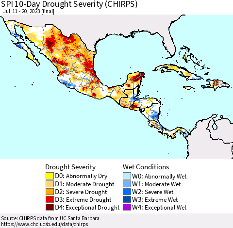 Mexico Central America and the Caribbean SPI 10-Day Drought Severity (CHIRPS) Thematic Map For 7/11/2023 - 7/20/2023
