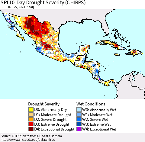 Mexico Central America and the Caribbean SPI 10-Day Drought Severity (CHIRPS) Thematic Map For 7/16/2023 - 7/25/2023