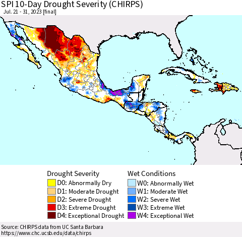 Mexico Central America and the Caribbean SPI 10-Day Drought Severity (CHIRPS) Thematic Map For 7/21/2023 - 7/31/2023