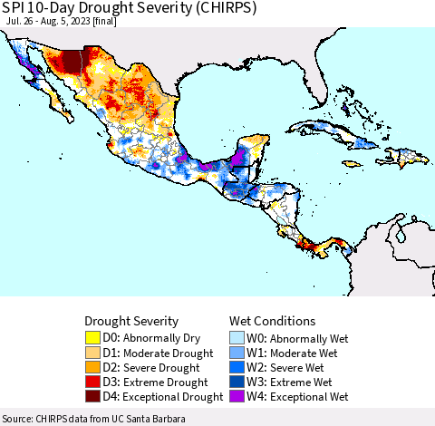 Mexico Central America and the Caribbean SPI 10-Day Drought Severity (CHIRPS) Thematic Map For 7/26/2023 - 8/5/2023
