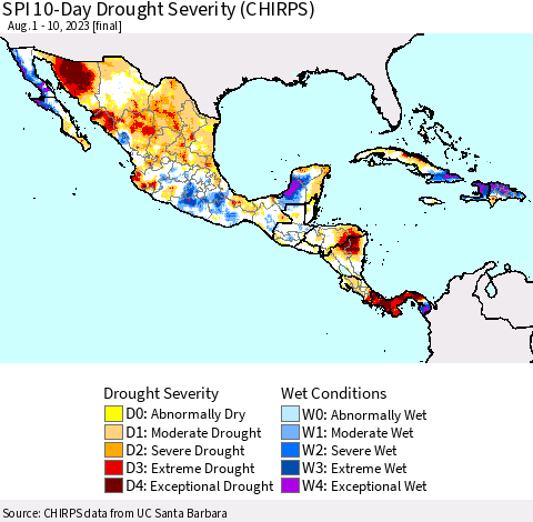 Mexico Central America and the Caribbean SPI 10-Day Drought Severity (CHIRPS) Thematic Map For 8/1/2023 - 8/10/2023