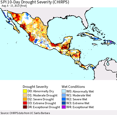 Mexico Central America and the Caribbean SPI 10-Day Drought Severity (CHIRPS) Thematic Map For 8/6/2023 - 8/15/2023