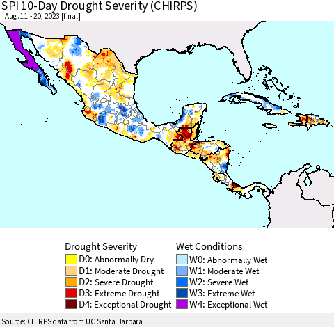 Mexico Central America and the Caribbean SPI 10-Day Drought Severity (CHIRPS) Thematic Map For 8/11/2023 - 8/20/2023