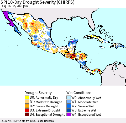 Mexico Central America and the Caribbean SPI 10-Day Drought Severity (CHIRPS) Thematic Map For 8/16/2023 - 8/25/2023