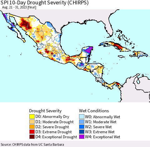 Mexico Central America and the Caribbean SPI 10-Day Drought Severity (CHIRPS) Thematic Map For 8/21/2023 - 8/31/2023