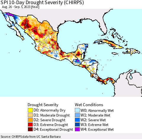 Mexico Central America and the Caribbean SPI 10-Day Drought Severity (CHIRPS) Thematic Map For 8/26/2023 - 9/5/2023