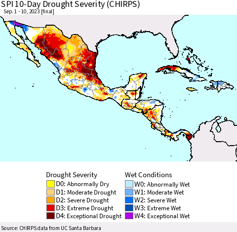 Mexico Central America and the Caribbean SPI 10-Day Drought Severity (CHIRPS) Thematic Map For 9/1/2023 - 9/10/2023