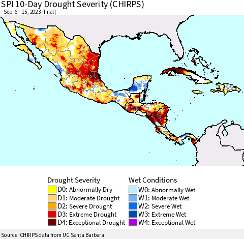 Mexico Central America and the Caribbean SPI 10-Day Drought Severity (CHIRPS) Thematic Map For 9/6/2023 - 9/15/2023