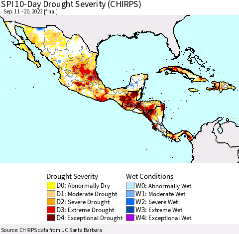 Mexico Central America and the Caribbean SPI 10-Day Drought Severity (CHIRPS) Thematic Map For 9/11/2023 - 9/20/2023