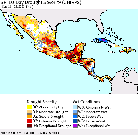 Mexico Central America and the Caribbean SPI 10-Day Drought Severity (CHIRPS) Thematic Map For 9/16/2023 - 9/25/2023
