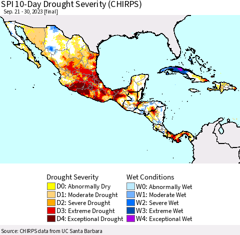 Mexico Central America and the Caribbean SPI 10-Day Drought Severity (CHIRPS) Thematic Map For 9/21/2023 - 9/30/2023